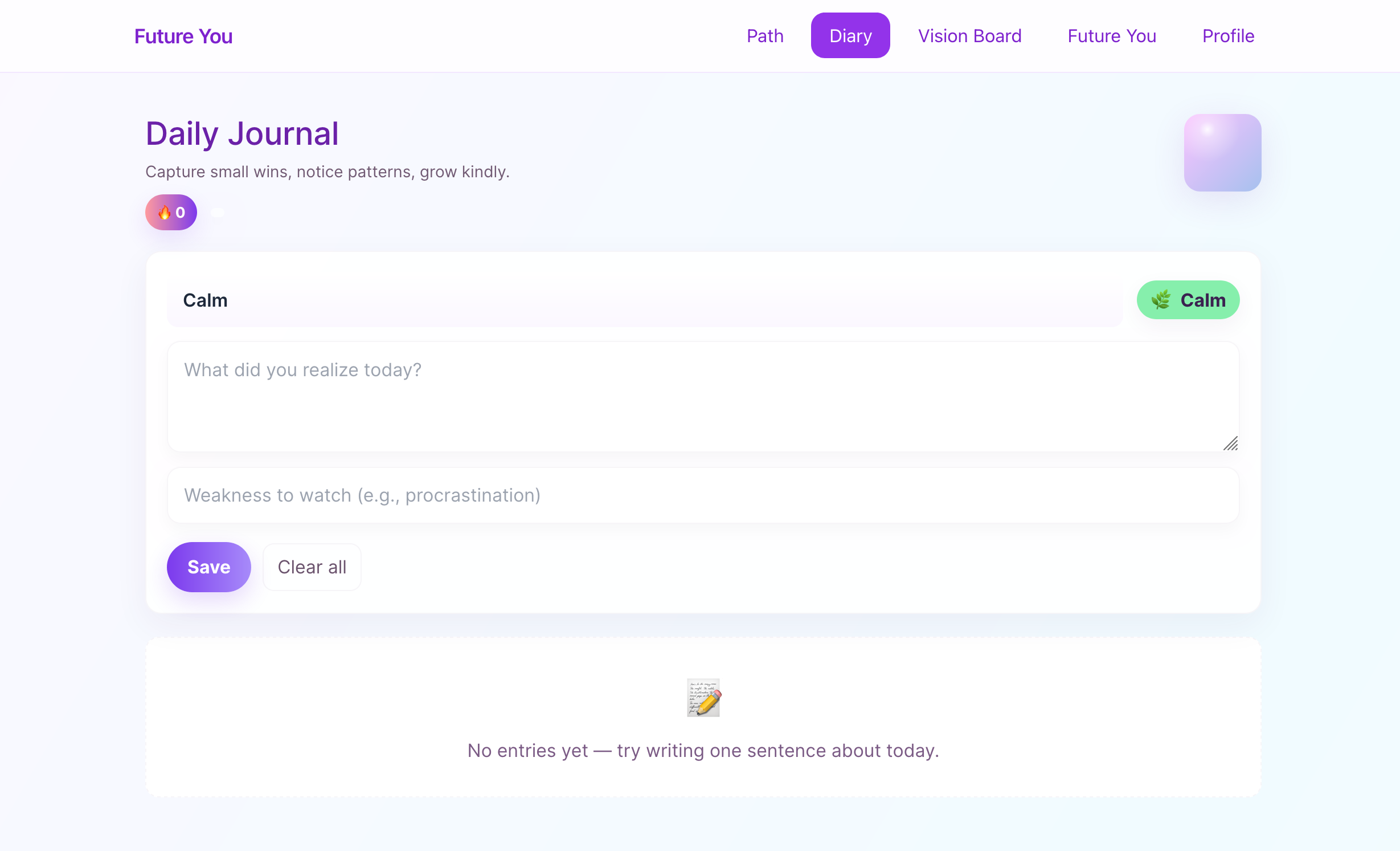 FutureSelf diary and mood check-in